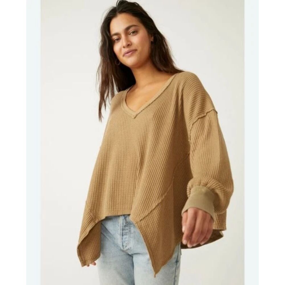 Free People We The Free Coraline Thermal Waffle Knit V Neck Taupe Women sz Small